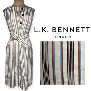 L.K Bennett cotton blend cream red blue stripe Sleeveless Denim Shirt Dress 4
